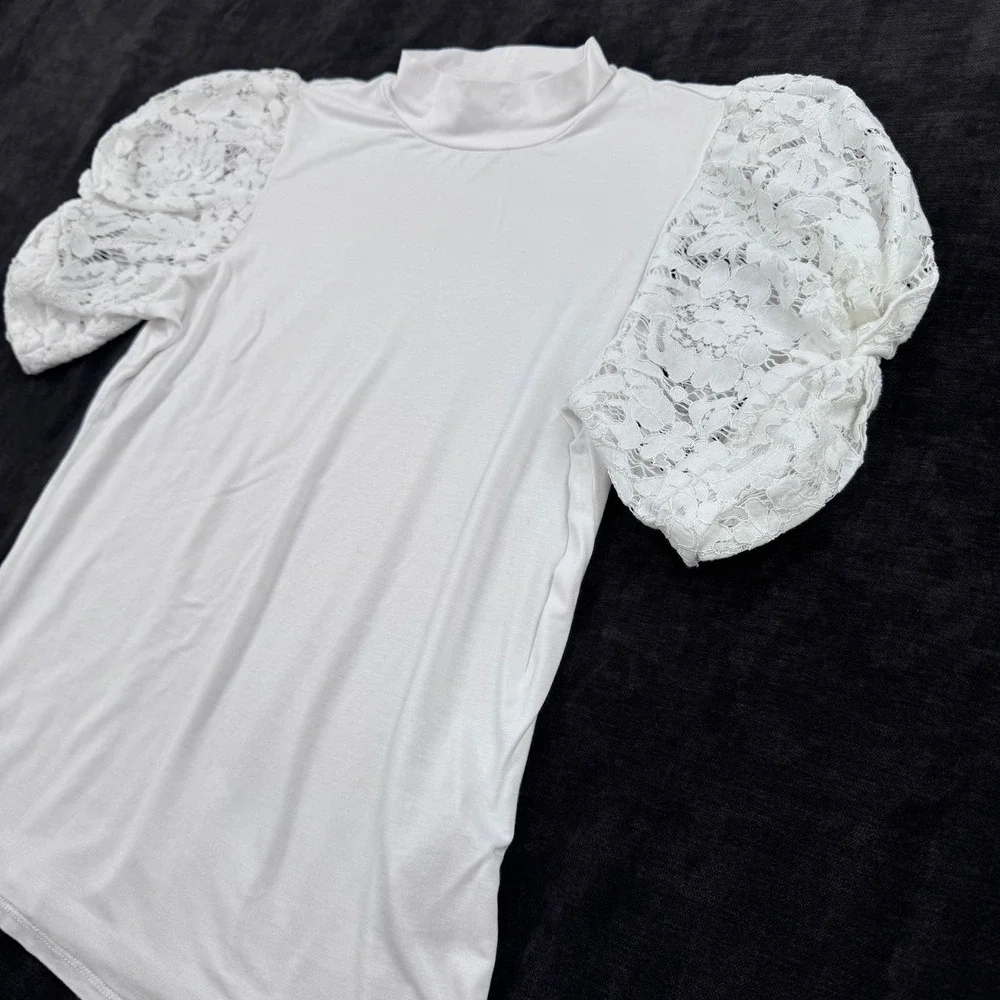 Philosophy White Lace Puff Sleeve Mock Neck Top Womens Small Fairy Romantic Euro